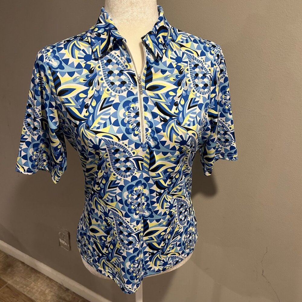 GG Blue Golf Polo Shirt Blue Floral Geometric Womens Small